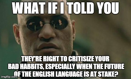 Matrix Morpheus Meme | WHAT IF I TOLD YOU THEY'RE RIGHT TO CRITISIZE YOUR BAD HABBITS, ESPECIALLY WHEN THE FUTURE OF THE ENGLISH LANGUAGE IS AT STAKE? | image tagged in memes,matrix morpheus | made w/ Imgflip meme maker