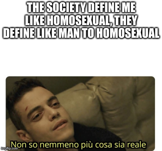 man | THE SOCIETY DEFINE ME LIKE HOMOSEXUAL, THEY DEFINE LIKE MAN TO HOMOSEXUAL | image tagged in non so nemmeno pi cosa sia reale | made w/ Imgflip meme maker