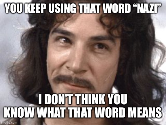 I Do Not Think That Means What You Think It Means | YOU KEEP USING THAT WORD “NAZI” I DON’T THINK YOU KNOW WHAT THAT WORD MEANS | image tagged in i do not think that means what you think it means | made w/ Imgflip meme maker