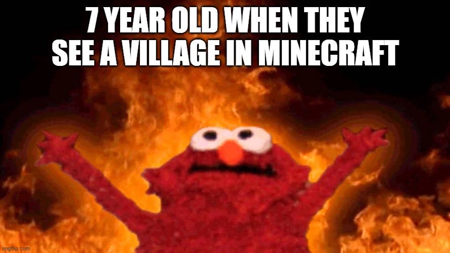 and me | 7 YEAR OLD WHEN THEY SEE A VILLAGE IN MINECRAFT | image tagged in elmo fire | made w/ Imgflip meme maker