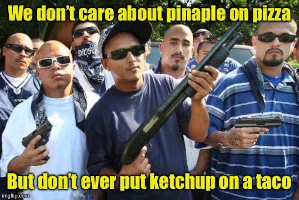 Taco police | We don’t care about pinaple on pizza; But don’t ever put ketchup on a taco | image tagged in hispanics | made w/ Imgflip meme maker