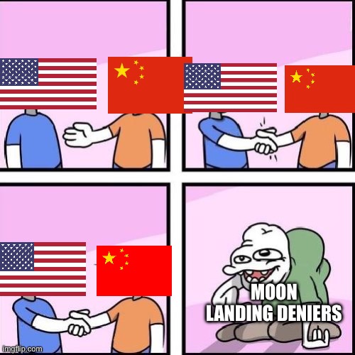 Common Enemy Shaking Hands | MOON LANDING DENIERS | image tagged in common enemy shaking hands | made w/ Imgflip meme maker