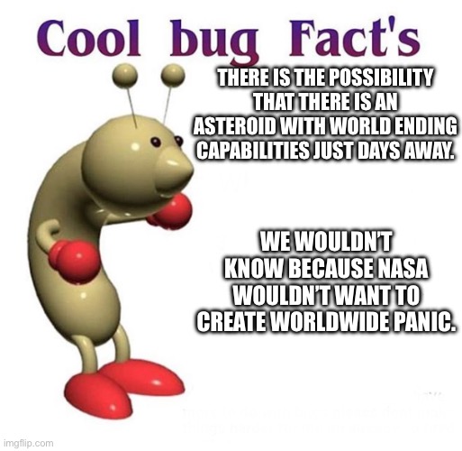 Cool Bug Facts | THERE IS THE POSSIBILITY THAT THERE IS AN ASTEROID WITH WORLD ENDING CAPABILITIES JUST DAYS AWAY. WE WOULDN’T KNOW BECAUSE NASA WOULDN’T WANT TO CREATE WORLDWIDE PANIC. | image tagged in cool bug facts | made w/ Imgflip meme maker