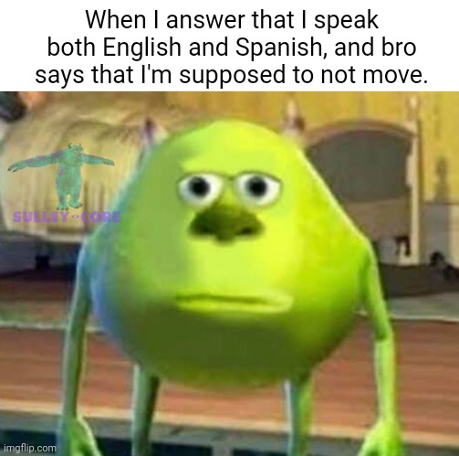 Why must you hit me with the English or Spanish | When I answer that I speak both English and Spanish, and bro says that I'm supposed to not move. | image tagged in monsters inc,why | made w/ Imgflip meme maker