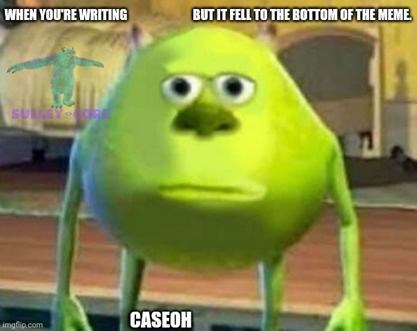 The font size is so big as well | WHEN YOU'RE WRITING                           BUT IT FELL TO THE BOTTOM OF THE MEME. CASEOH | image tagged in monsters inc,caseoh | made w/ Imgflip meme maker