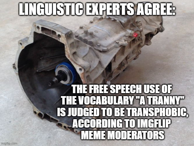 Automotive Transmissions can be a Manual Tranny or an Automatic Tranny | LINGUISTIC EXPERTS AGREE:; THE FREE SPEECH USE OF 
THE VOCABULARY "A TRANNY"
 IS JUDGED TO BE TRANSPHOBIC, 
ACCORDING TO IMGFLIP 
MEME MODERATORS | image tagged in transmission meme,transphobic,transgender,transformers,transparent,kamala harris | made w/ Imgflip meme maker