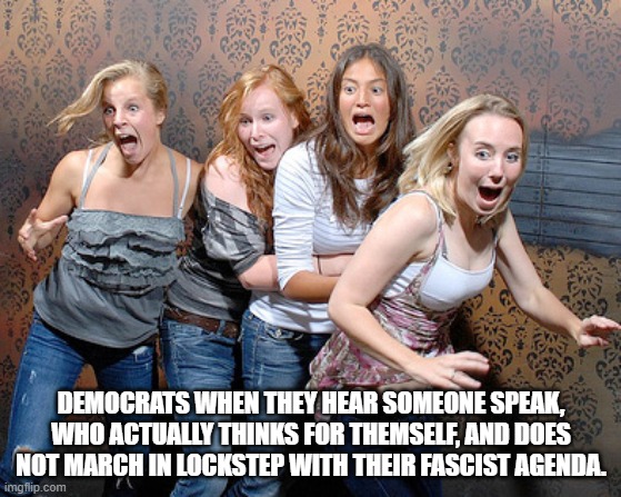 Either they want to run away or their heads explode.  Either way they're calling someone a racist in 5, 4, 3, 2....... | DEMOCRATS WHEN THEY HEAR SOMEONE SPEAK, WHO ACTUALLY THINKS FOR THEMSELF, AND DOES NOT MARCH IN LOCKSTEP WITH THEIR FASCIST AGENDA. | image tagged in terrified of unapproved thought,the agenda is everything,the word racist just means the left hates you | made w/ Imgflip meme maker