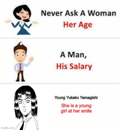 she is cute | Young Yukako Yamagishi; She is a young girl at her smile | image tagged in never ask a woman her age,anime,jojo's bizarre adventure,memes | made w/ Imgflip meme maker