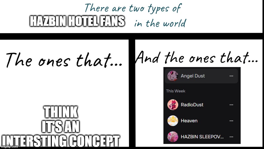 There are two types of X in the world... | HAZBIN HOTEL FANS; THINK IT'S AN INTERSTING CONCEPT | image tagged in there are two types of x in the world | made w/ Imgflip meme maker