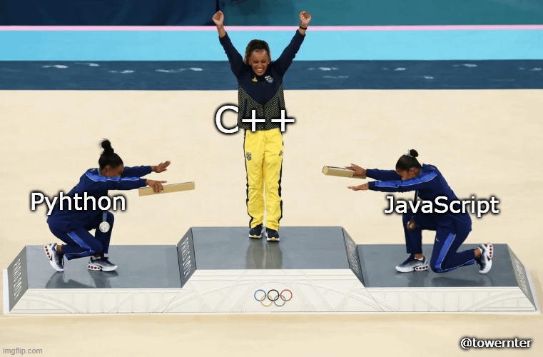 C++ the GOAT | C++; JavaScript; Pyhthon; @towernter | image tagged in programming,software,olympics,sports,technology | made w/ Imgflip meme maker