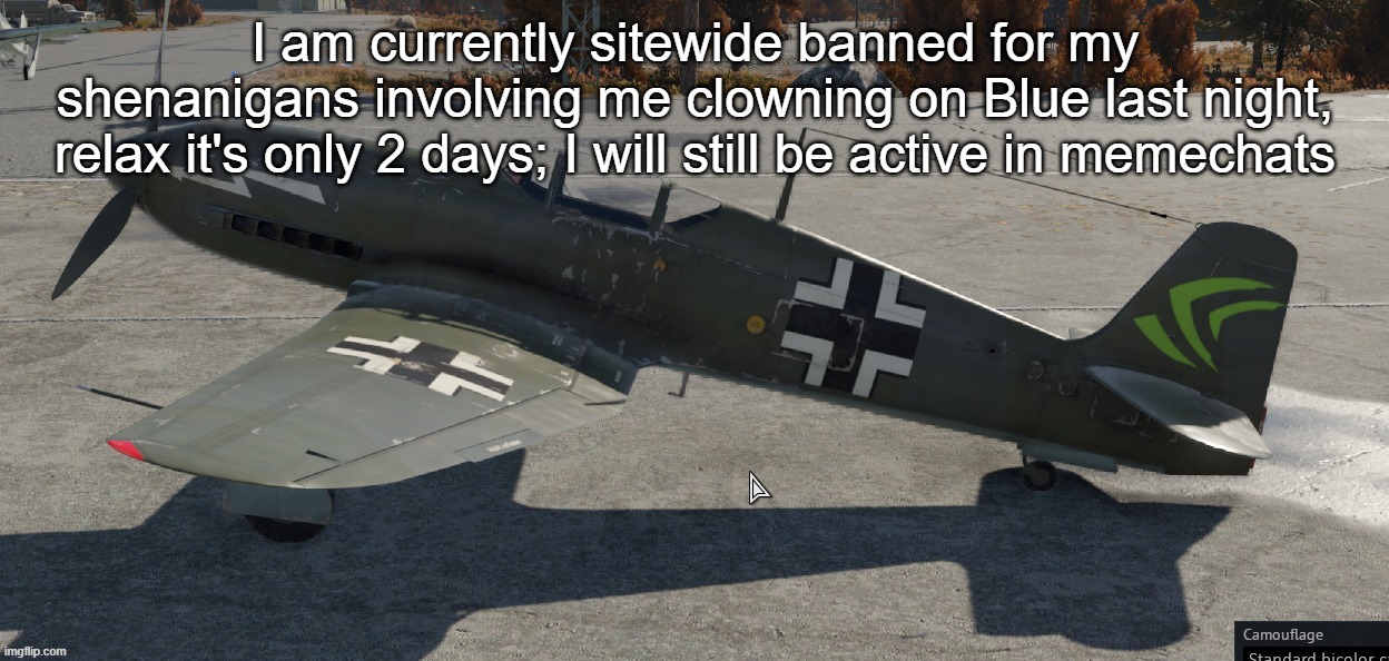 Hope ya'll have a great day, chat | I am currently sitewide banned for my shenanigans involving me clowning on Blue last night, relax it's only 2 days; I will still be active in memechats | image tagged in nvidia plane | made w/ Imgflip meme maker