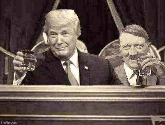 Drinking buddies Donald & Adolf | image tagged in trump and hitler,trump hitler toast,trump's favorte dream,antichrists,mien trumpf,world war 3 | made w/ Imgflip meme maker