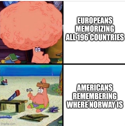 Whatever education Europeans get is crazy. | EUROPEANS MEMORIZING ALL 196 COUNTRIES; AMERICANS REMEMBERING WHERE NORWAY IS | image tagged in smart and dumb patrick | made w/ Imgflip meme maker