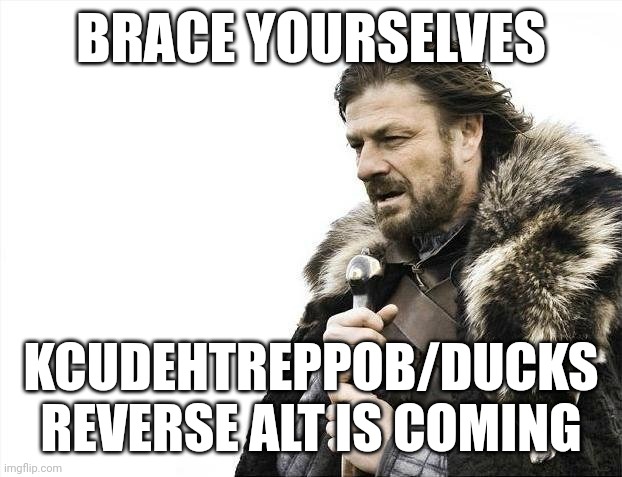 Brace | BRACE YOURSELVES; KCUDEHTREPPOB/DUCKS REVERSE ALT IS COMING | image tagged in memes,brace yourselves x is coming | made w/ Imgflip meme maker