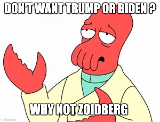 Zoidberg For President | DON'T WANT TRUMP OR BIDEN ? WHY NOT ZOIDBERG | image tagged in why not zoidberg | made w/ Imgflip meme maker