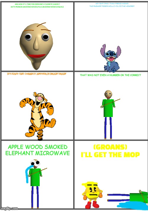 baldi collapses from brain drain | HEY SHIT CAKE I THINK FRIEND KNOWS THE ANSWER TIGGER WOULD YOU DO THE HONORS? AND NOW IT'S TIME FOR EVERYONE'S FAVORITE SUBJECT MATH PROBLEM (BUZZING NOISES) PLUS (BUZZING NOISES) EQUALS; IT'S EASY THE CORRECT ANSWER IS BRAIN DRAIN; THAT WAS NOT EVEN A NUMBER OR THE CORRECT; (GROANS) I'LL GET THE MOP; APPLE WOOD SMOKED ELEPHANT MICROWAVE | image tagged in blank comic panel 2x3,baldi,tigger,stitch,pac man,brain drain | made w/ Imgflip meme maker