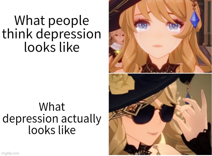 Sometimes depression isn't always visible from the outside. | What people think depression looks like; What depression actually looks like | image tagged in memes,depression | made w/ Imgflip meme maker