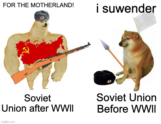 Buff Doge vs. Cheems | FOR THE MOTHERLAND! i suwender; Soviet Union after WWll; Soviet Union Before WWll | image tagged in memes,buff doge vs cheems | made w/ Imgflip meme maker