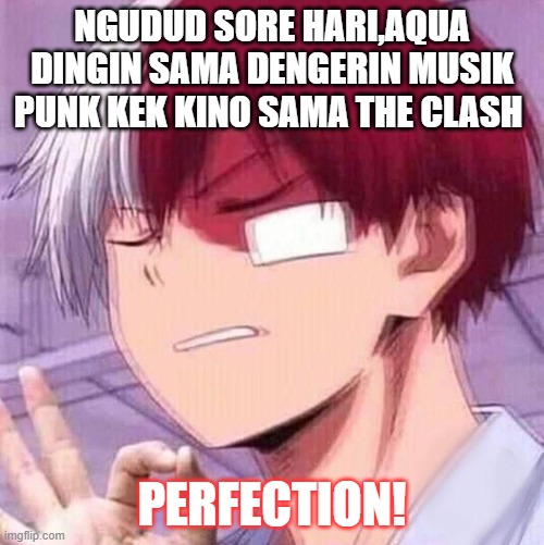 Todoroki | NGUDUD SORE HARI,AQUA DINGIN SAMA DENGERIN MUSIK PUNK KEK KINO SAMA THE CLASH; PERFECTION! | image tagged in todoroki | made w/ Imgflip meme maker