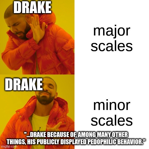 FACTS | DRAKE; major scales; DRAKE; minor scales; "...DRAKE BECAUSE OF, AMONG MANY OTHER THINGS, HIS PUBLICLY DISPLAYED PEDOPHILIC BEHAVIOR." | image tagged in memes,drake hotline bling | made w/ Imgflip meme maker