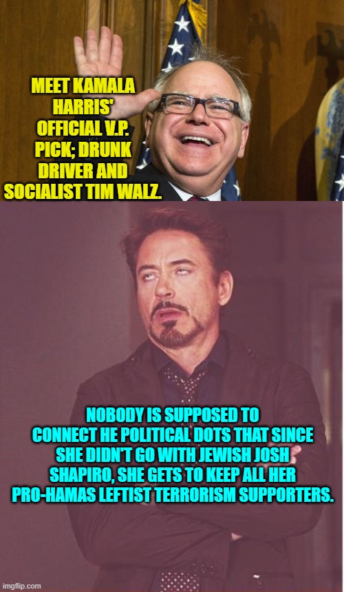 Those pesky political dots. | MEET KAMALA HARRIS' OFFICIAL V.P. PICK; DRUNK DRIVER AND SOCIALIST TIM WALZ. NOBODY IS SUPPOSED TO CONNECT HE POLITICAL DOTS THAT SINCE SHE DIDN'T GO WITH JEWISH JOSH SHAPIRO, SHE GETS TO KEEP ALL HER PRO-HAMAS LEFTIST TERRORISM SUPPORTERS. | image tagged in yep | made w/ Imgflip meme maker