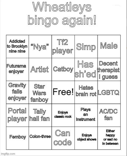 Wheatleys bingo again | image tagged in wheatleys bingo again | made w/ Imgflip meme maker