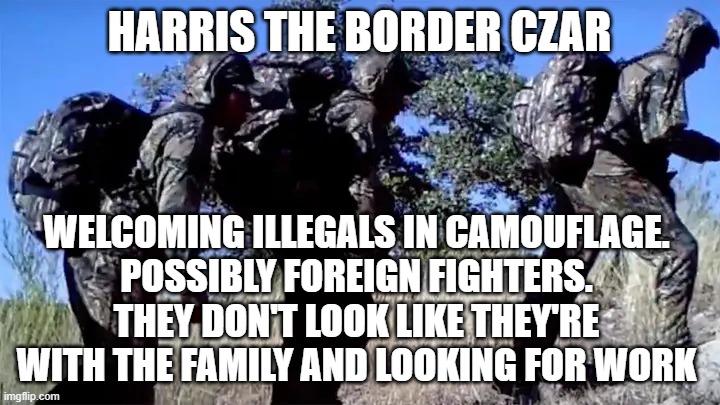 The Border Czar's Failure. | HARRIS THE BORDER CZAR; WELCOMING ILLEGALS IN CAMOUFLAGE.
POSSIBLY FOREIGN FIGHTERS. THEY DON'T LOOK LIKE THEY'RE WITH THE FAMILY AND LOOKING FOR WORK | image tagged in the border czar's failure | made w/ Imgflip meme maker