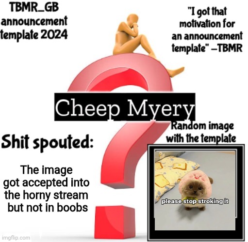 It's the image I added | The image got accepted into the horny stream  but not in boobs | image tagged in tbmr new announcement template 2024 | made w/ Imgflip meme maker