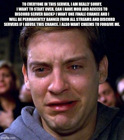 crying peter parker | TO EVERYONE IN THIS SERVER, I AM REALLY SORRY. I WANT TO START OVER. CAN I HAVE MOD AND ACCESS TO DISCORD SERVER BACK? I WANT ONE FINALE CHANCE AND I WILL BE PERMANENTLY BANNED FROM ALL STREAMS AND DISCORD SERVERS IF I ABUSE THIS CHANCE. I ALSO WANT CHEEMS TO FORGIVE ME. | image tagged in crying peter parker | made w/ Imgflip meme maker