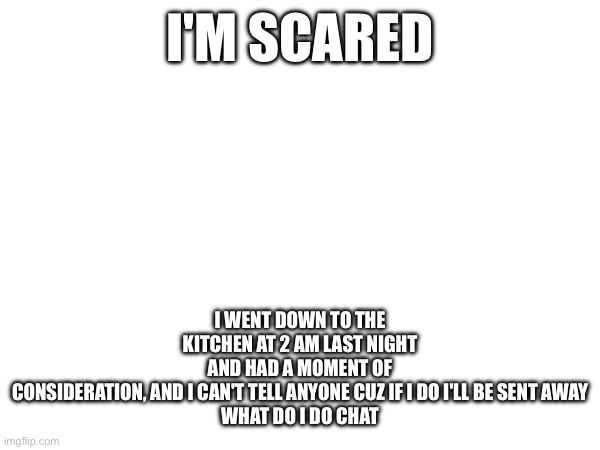 Probation | I WENT DOWN TO THE KITCHEN AT 2 AM LAST NIGHT AND HAD A MOMENT OF CONSIDERATION, AND I CAN'T TELL ANYONE CUZ IF I DO I'LL BE SENT AWAY

WHAT DO I DO CHAT; I'M SCARED | image tagged in e | made w/ Imgflip meme maker