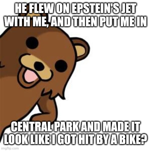 RFK Jr., his bear, and his brainworm. | HE FLEW ON EPSTEIN'S JET WITH ME, AND THEN PUT ME IN; CENTRAL PARK AND MADE IT LOOK LIKE I GOT HIT BY A BIKE? | image tagged in pedo bear creepin in,jeffrey epstein,weird stuff,kennedy | made w/ Imgflip meme maker