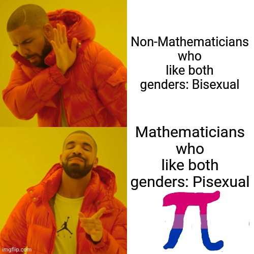 Pisexual | Non-Mathematicians who like both genders: Bisexual; Mathematicians who like both genders: Pisexual | image tagged in memes,drake hotline bling,math,lgbtq,funny,jpfan102504 | made w/ Imgflip meme maker