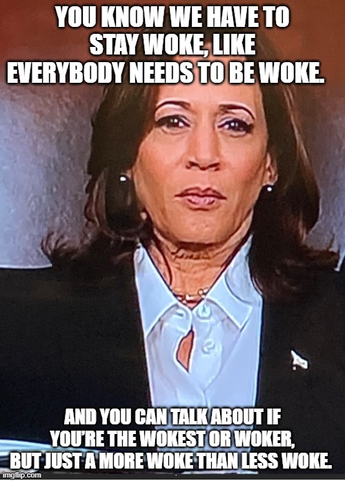 Veep Thoughts #40 | YOU KNOW WE HAVE TO STAY WOKE, LIKE EVERYBODY NEEDS TO BE WOKE. AND YOU CAN TALK ABOUT IF YOU’RE THE WOKEST OR WOKER, BUT JUST A MORE WOKE THAN LESS WOKE. | image tagged in kamala harris | made w/ Imgflip meme maker