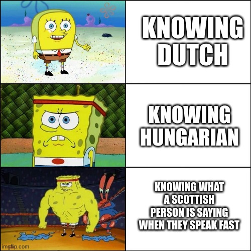 "IM A BLACK SCOTTISH CYCLOPS-" | KNOWING DUTCH; KNOWING HUNGARIAN; KNOWING WHAT A SCOTTISH PERSON IS SAYING WHEN THEY SPEAK FAST | image tagged in increasingly buffed spongebob,memes,dutch,hungary,scotland,spongebob | made w/ Imgflip meme maker