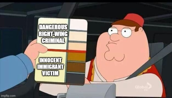 How they find right-wingers in the UK. | DANGEROUS RIGHT-WING CRIMINAL; INNOCENT IMMIGRANT VICTIM | image tagged in peter griffin skin color chart race terrorist blank | made w/ Imgflip meme maker