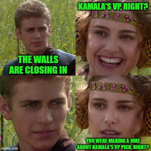 Kamala Picks Tim Walz as VP | KAMALA'S VP, RIGHT? THE WALLS ARE CLOSING IN; YOU WERE MAKING A JOKE ABOUT KAMALA'S VP PICK, RIGHT? | image tagged in anakin padme 4 panel | made w/ Imgflip meme maker