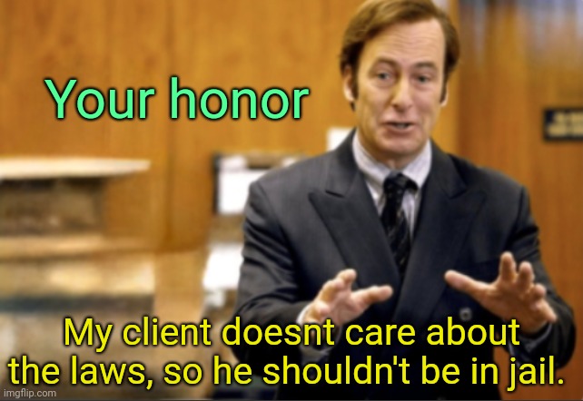 Mimic just said he shouldn't have been banned because he doesnt care about the rules | Your honor; My client doesnt care about the laws, so he shouldn't be in jail. | image tagged in saul goodman defending | made w/ Imgflip meme maker