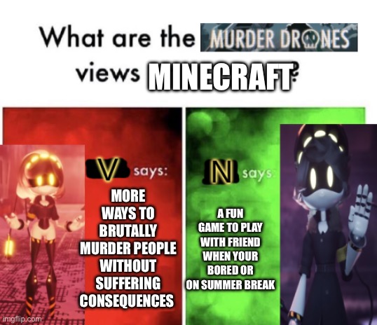 Murder Drones' views | MINECRAFT; MORE WAYS TO BRUTALLY MURDER PEOPLE WITHOUT SUFFERING CONSEQUENCES; A FUN GAME TO PLAY WITH FRIEND WHEN YOUR BORED OR ON SUMMER BREAK | image tagged in murder drones' views | made w/ Imgflip meme maker