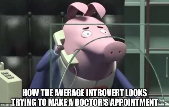 How the average introvert looks trying to make a doctor's appointment | HOW THE AVERAGE INTROVERT LOOKS TRYING TO MAKE A DOCTOR'S APPOINTMENT | image tagged in pig on phone | made w/ Imgflip meme maker