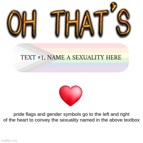 New template. I don't know why I made this one, basically, meant to be a customizable reaction template | TEXT #1, NAME A SEXUALITY HERE; pride flags and gender symbols go to the left and right of the heart to convey the sexuality named in the above textbox | image tagged in oh that's | made w/ Imgflip meme maker