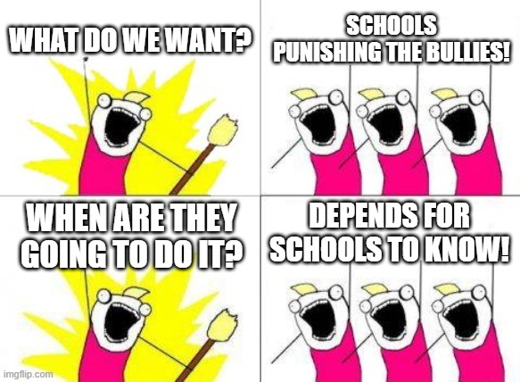 I wish it happens everyday | WHAT DO WE WANT? SCHOOLS PUNISHING THE BULLIES! DEPENDS FOR SCHOOLS TO KNOW! WHEN ARE THEY GOING TO DO IT? | image tagged in memes,what do we want,school,funny | made w/ Imgflip meme maker