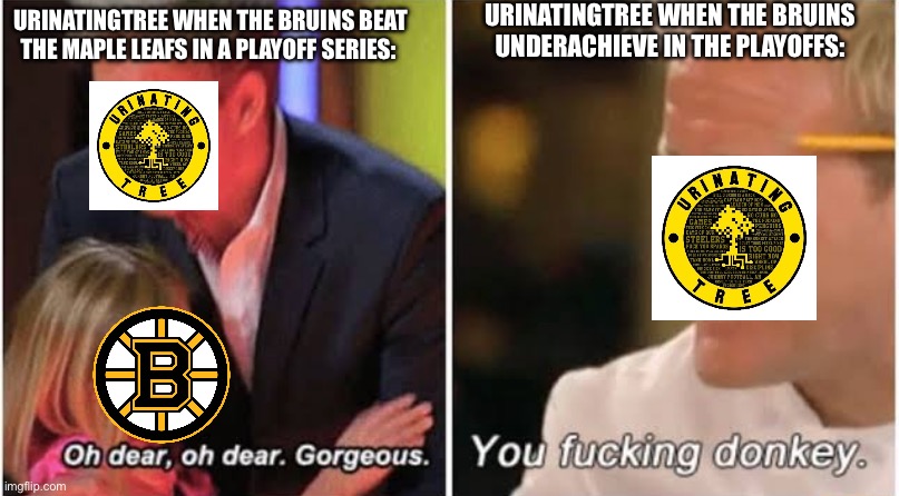 UrinatingTree on the Boston Bruins | URINATINGTREE WHEN THE BRUINS UNDERACHIEVE IN THE PLAYOFFS:; URINATINGTREE WHEN THE BRUINS BEAT THE MAPLE LEAFS IN A PLAYOFF SERIES: | image tagged in gordon ramsay kids vs adults,boston bruins,nhl,urinatingtree | made w/ Imgflip meme maker