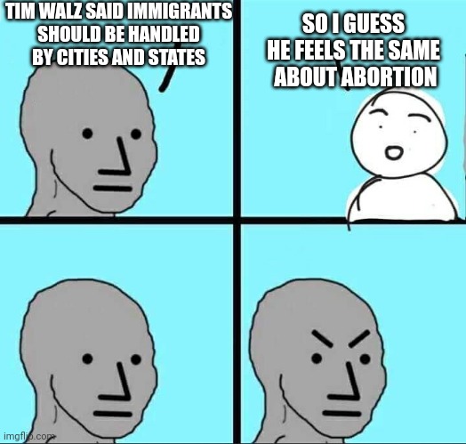 Leftist Tim Logic | TIM WALZ SAID IMMIGRANTS

SHOULD BE HANDLED BY CITIES AND STATES; SO I GUESS HE FEELS THE SAME
 ABOUT ABORTION | image tagged in npc meme,liberals,minnesota,leftists,democrats | made w/ Imgflip meme maker