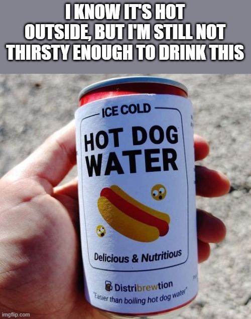 Still Not Thirsty Enough To Drink This | I KNOW IT'S HOT OUTSIDE, BUT I'M STILL NOT THIRSTY ENOUGH TO DRINK THIS | image tagged in thirsty,hot,hot dog water,water,funny,memes | made w/ Imgflip meme maker