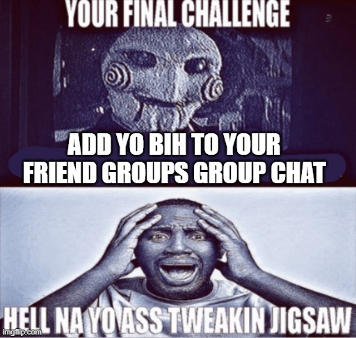 your final challenge | ADD YO BIH TO YOUR FRIEND GROUPS GROUP CHAT | image tagged in your final challenge | made w/ Imgflip meme maker
