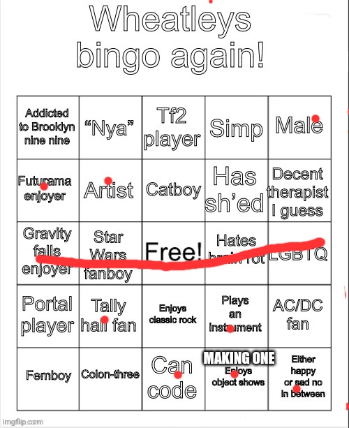 Wheatleys bingo again | MAKING ONE | image tagged in wheatleys bingo again | made w/ Imgflip meme maker