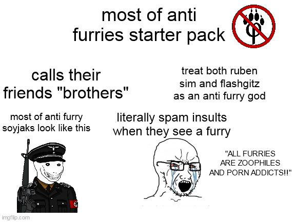 btw this isnt supposed to offend anyone on this stream | most of anti furries starter pack; calls their friends "brothers"; treat both ruben sim and flashgitz as an anti furry god; literally spam insults when they see a furry; most of anti furry soyjaks look like this; "ALL FURRIES ARE ZOOPHILES AND PORN ADDICTS!!" | image tagged in blank white template | made w/ Imgflip meme maker