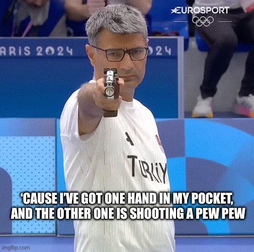 Olympic Cool | ‘CAUSE I’VE GOT ONE HAND IN MY POCKET,
 AND THE OTHER ONE IS SHOOTING A PEW PEW | image tagged in olympics2024,no one is born cool except,silvermedal,silver,goforthesilver,funny memes | made w/ Imgflip meme maker