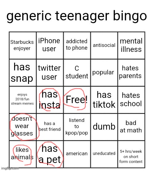 generic teenager bingo | image tagged in generic teenager bingo | made w/ Imgflip meme maker