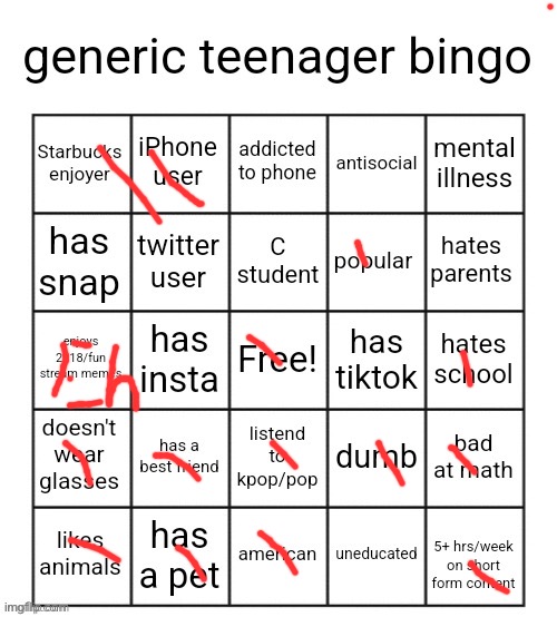 generic teenager bingo | image tagged in generic teenager bingo | made w/ Imgflip meme maker